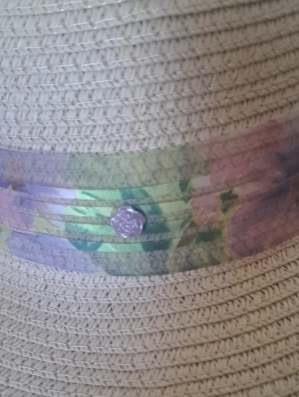 Diva Beige Wide Brim Sun Hat with Purple Floral Bow